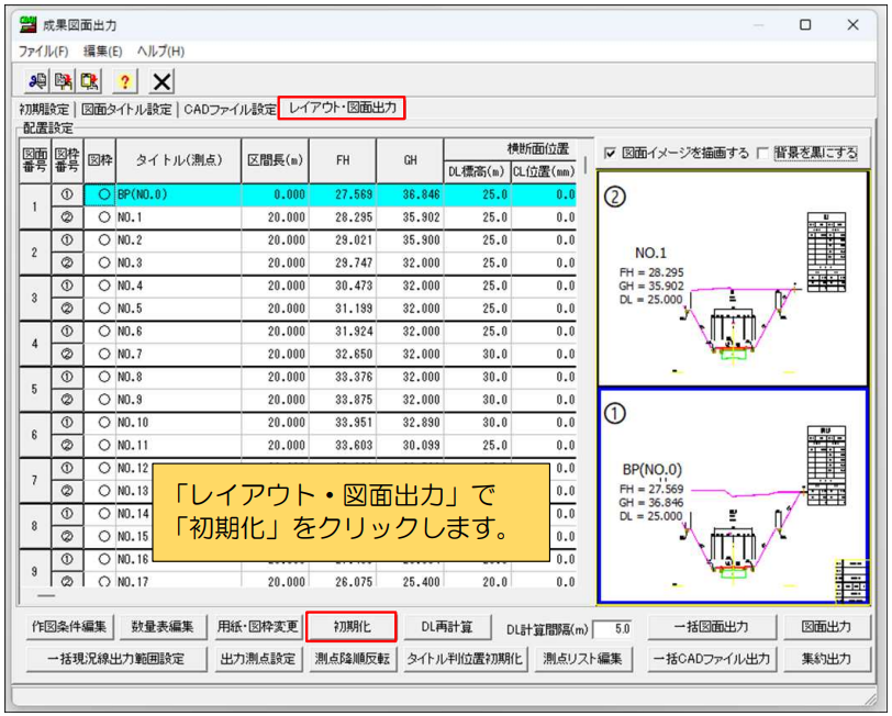 手順2：「レイアウト・図面出力」で「初期化」をクリックすると、「初期設定」で登録した 標準用紙・図枠設定が反映されます。